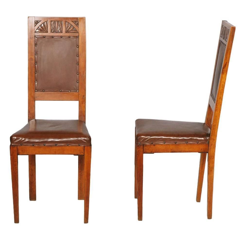 Pair Original Art Nouveau Chairs, Hand Carved Blonde Cherry, Leather Upholstered photo furniture