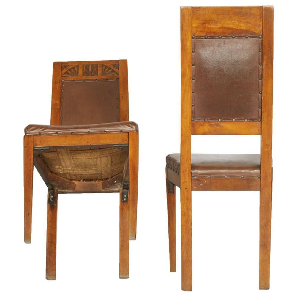 Pair Original Art Nouveau Chairs, Hand Carved Blonde Cherry, Leather Upholstered photo for sale