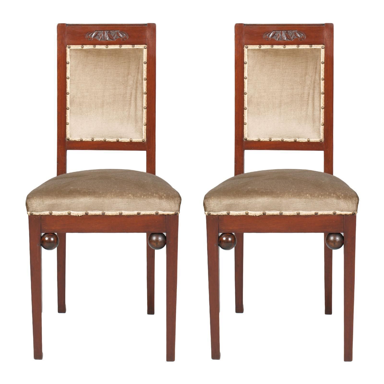 Wiener Werkstätte Art Nouveau Chairs In Walnut, Original Taupe Velvet Upholstery photo furniture