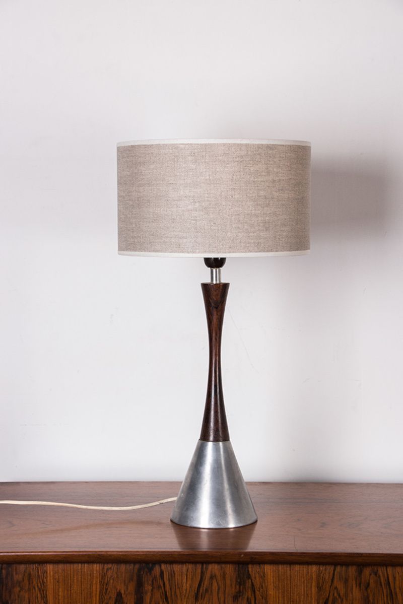 Swedish Table Lamp In Aluminum, Rosewood And Bakelite By Bergboms 1960.