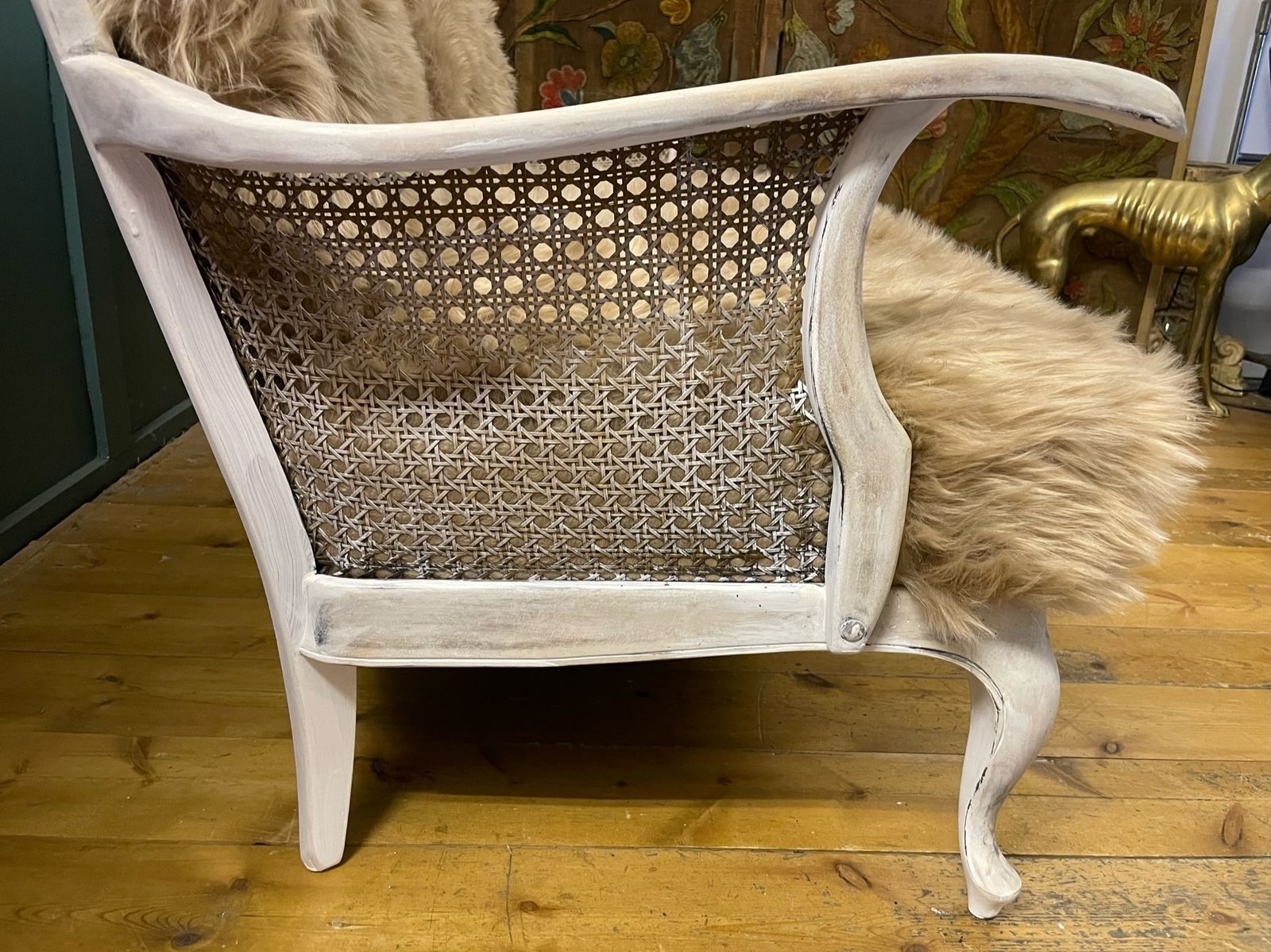 Unique Sheepskin Bergere Caned Sofa Distressed Vintage French photo for sale