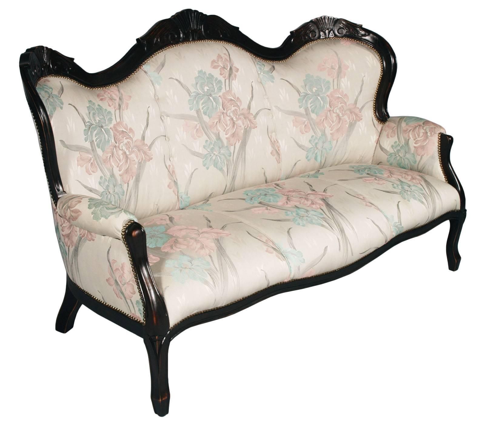 19th Century Italian Luigi Filippo Sofa, Ebonized Carved Walnut Re Upholstered photo furniture