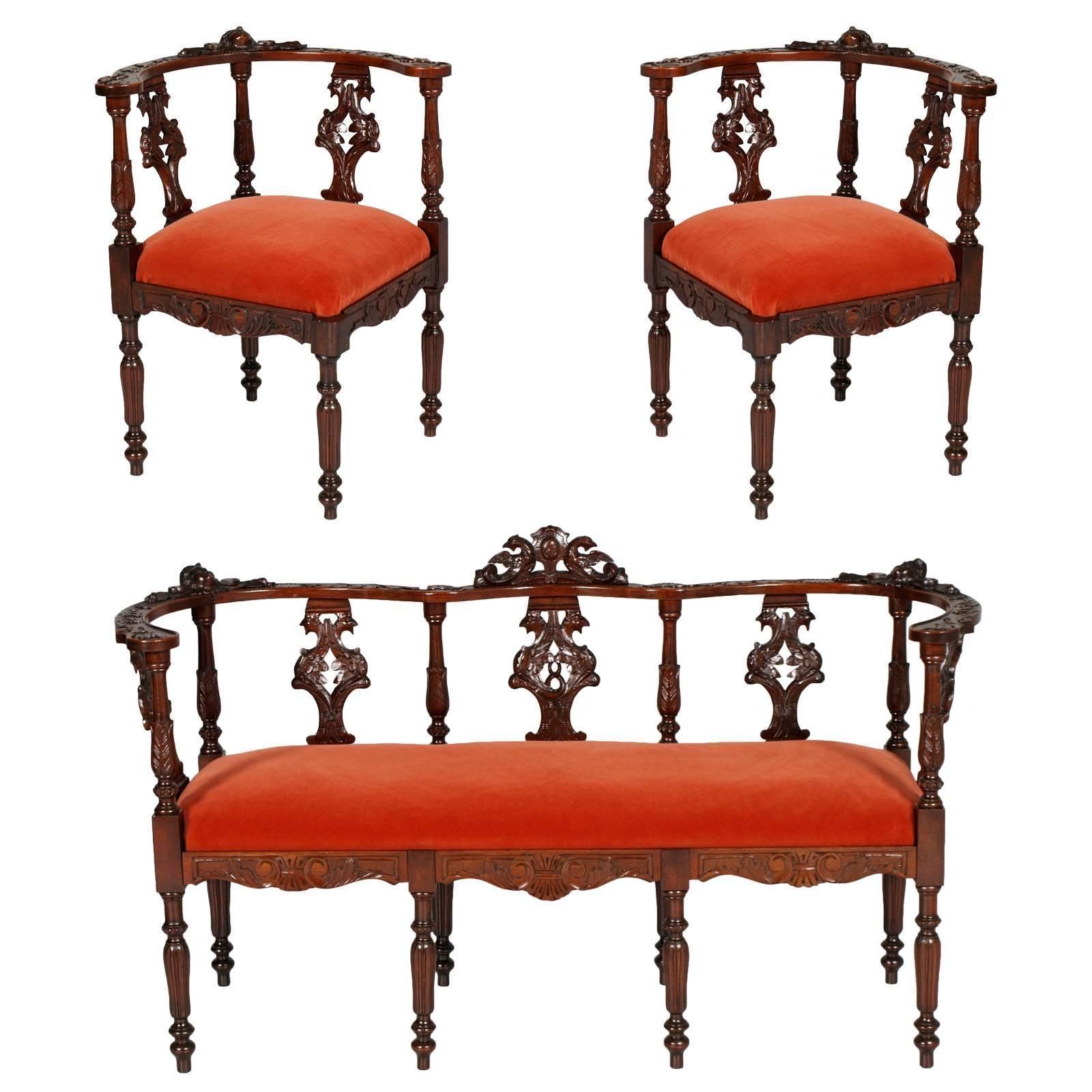 Last 19th Century Sofa Armchairs Carved Walnut By Testolini Salviati, Venice