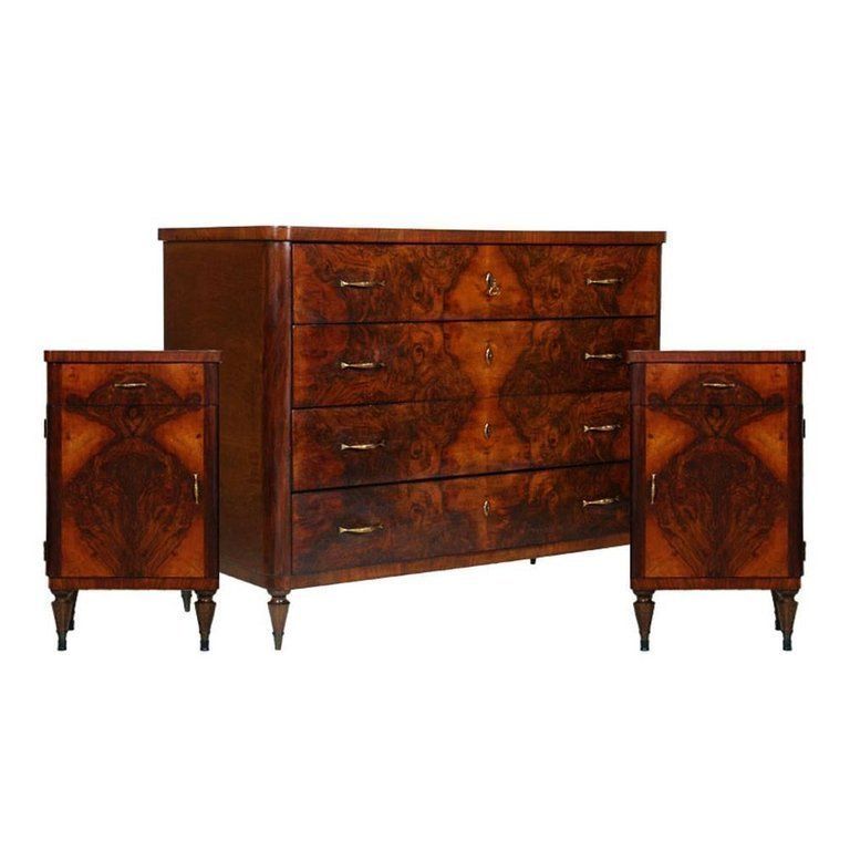 1920s Art Deco Commode, Nightstands, Permanente Mobili Di Cantù, In Burl Walnut , Polished To Wax