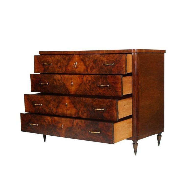 1920s Art Deco Commode, Nightstands, Permanente Mobili Di Cantù, In Burl Walnut , Polished To Wax photo for sale