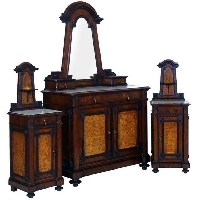 Italian Art Nouveau Dresser And Nightstands In Walnut, Veneer Olm Root, Marble Top