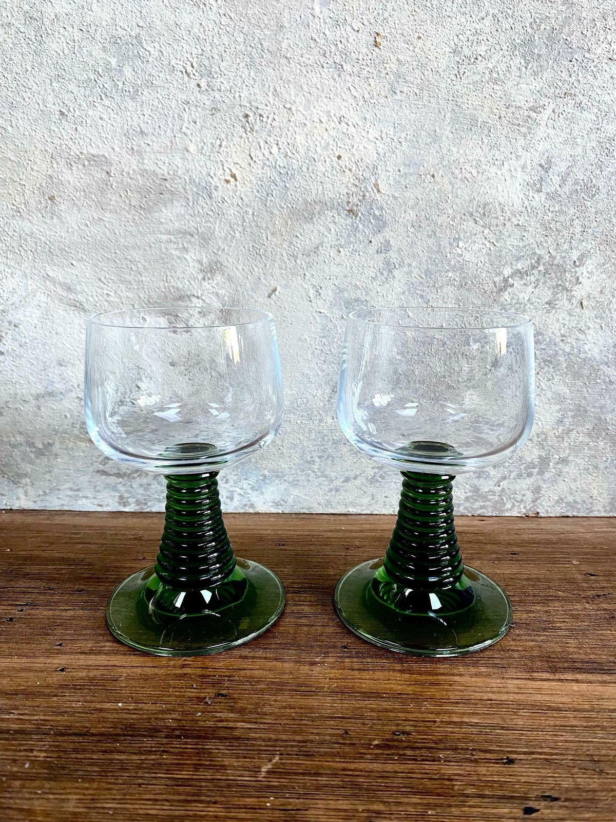 Vintage, French, Green Stem, Mid Century, Wine, Sherry Glasses, Set Of 2. Perfect Gift For Any Vintage Lover. Homeware. photo Home Decor
