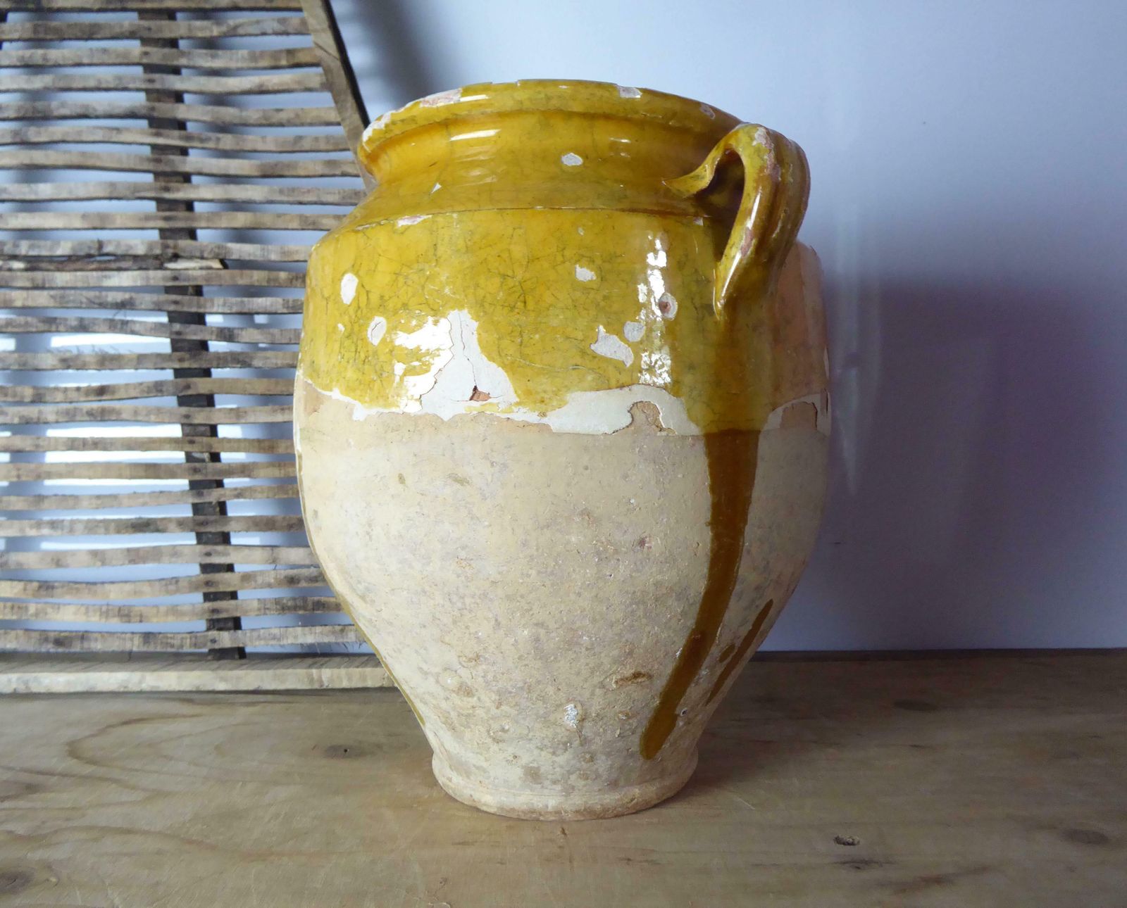 Large Antique French Yellow Confit Pot, Yellow Glazed Earthenware Vase, Farmhouse Décor, Kitchen Crock photo for sale