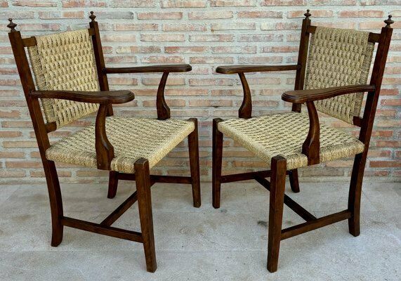 20th Spanish Walnut Armchairs With Backs And Caned Seats, 1940, Set Of 2 photo furniture