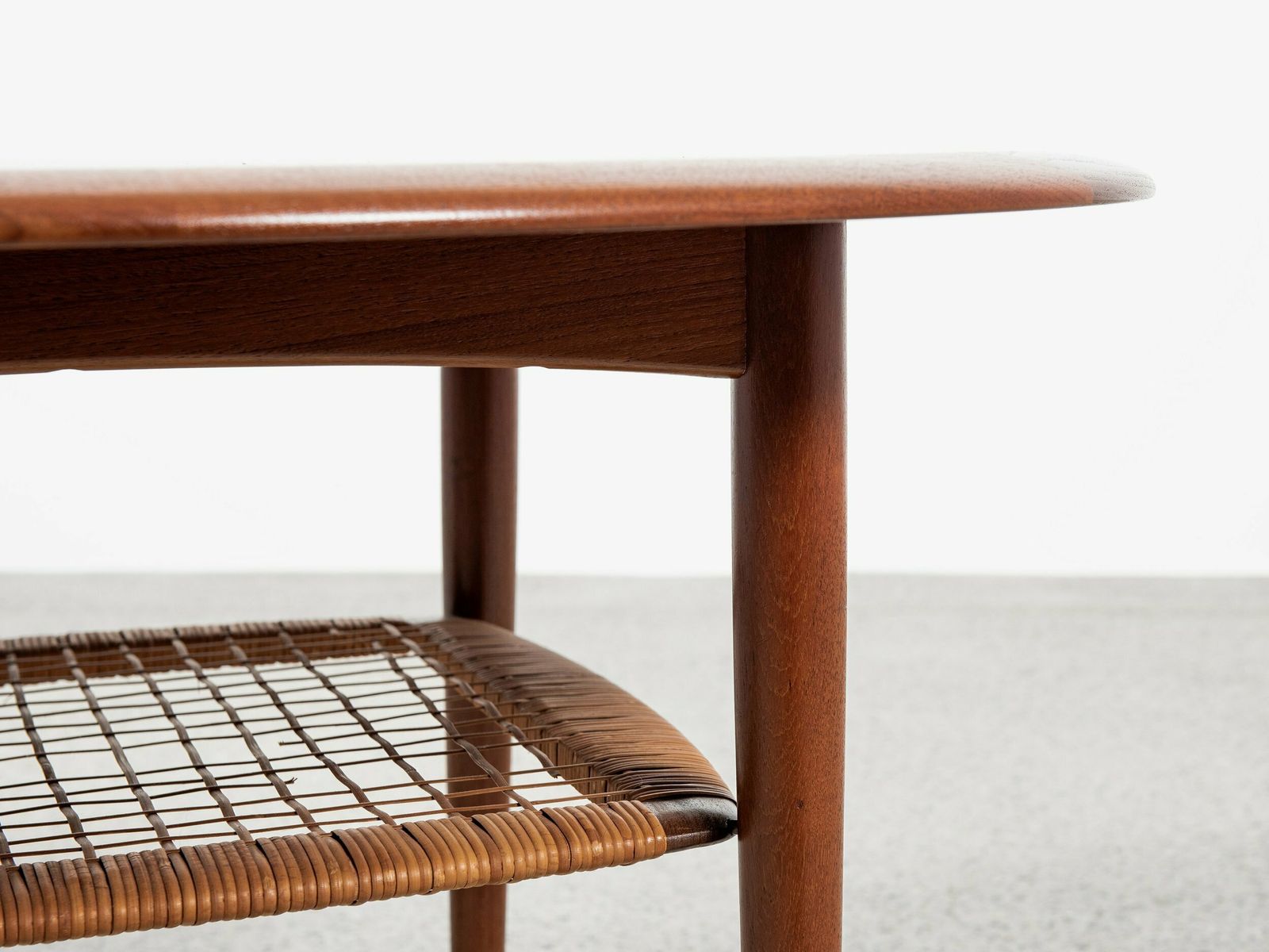 Midcentury Danish Round Coffee Table In Teak And Cane By Johannes Andersen For Silkeborg 1960s photo vinterior