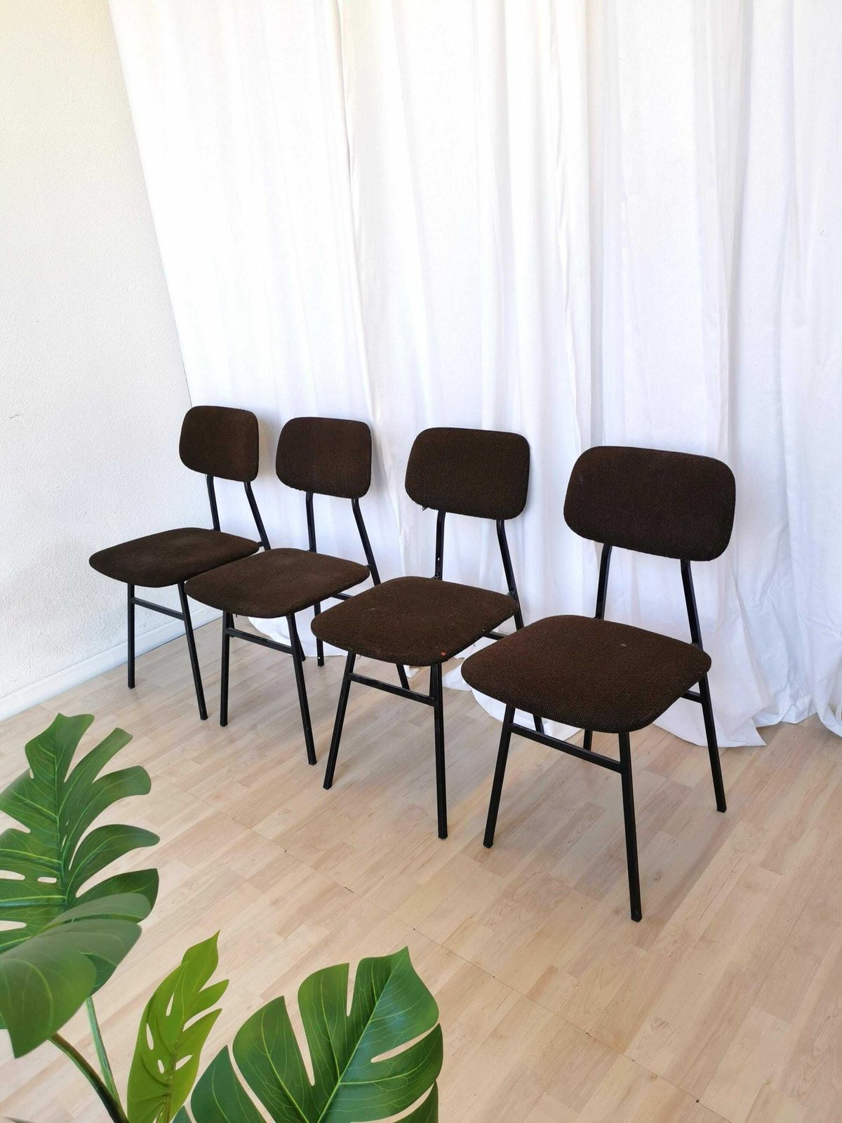 Set Of 4 Vintage Brown Dine Chairs / 1970s Yugoslavia / Metal Base Brown Fabric / Retro School Dining Chairs By Stol Kamnik