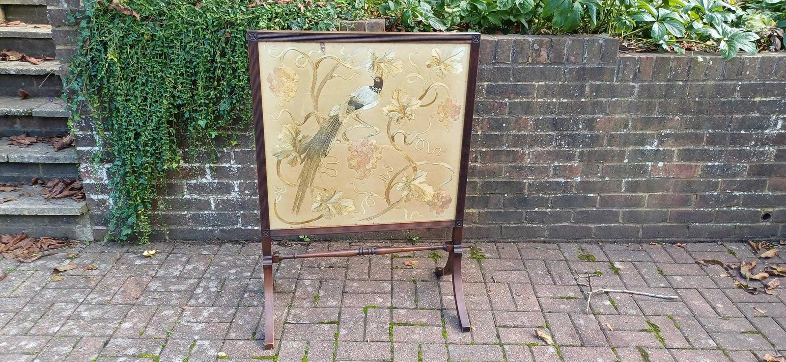 Huge Imposing Victorian Mahogany Fire Screen With Bird Of Paradise Embroidery Needlework.
