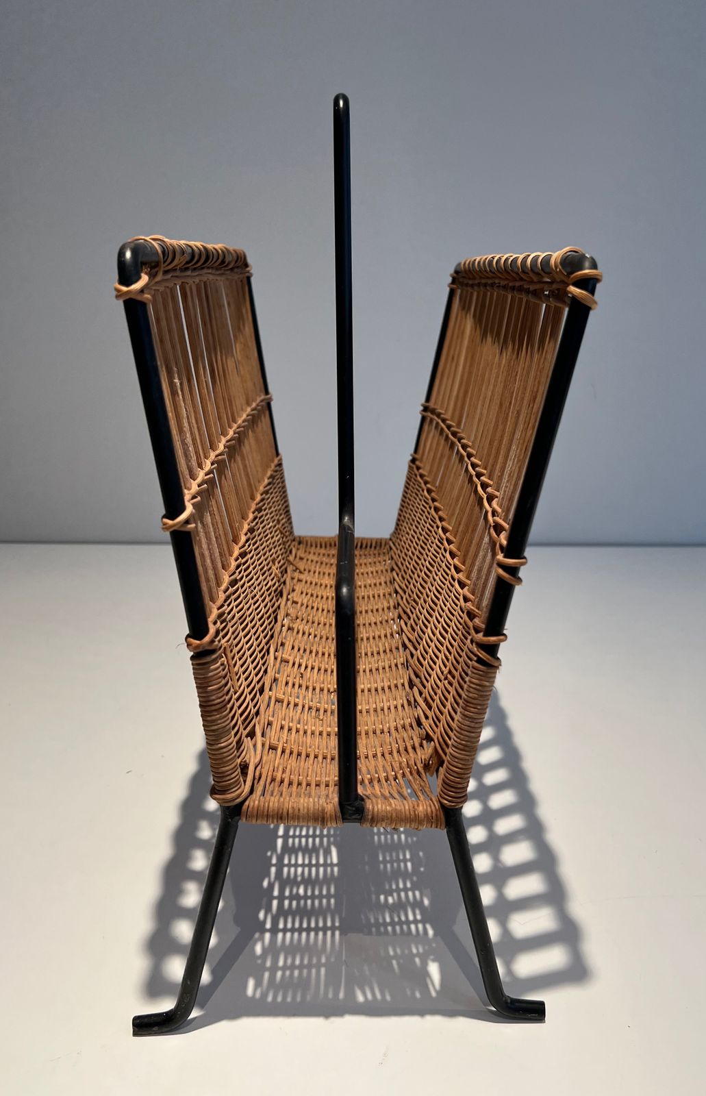 Black Lacquered Metal And Rattan Magazine Rack photo vinterior
