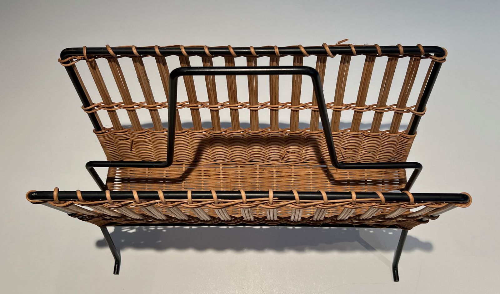 Black Lacquered Metal And Rattan Magazine Rack photo buy