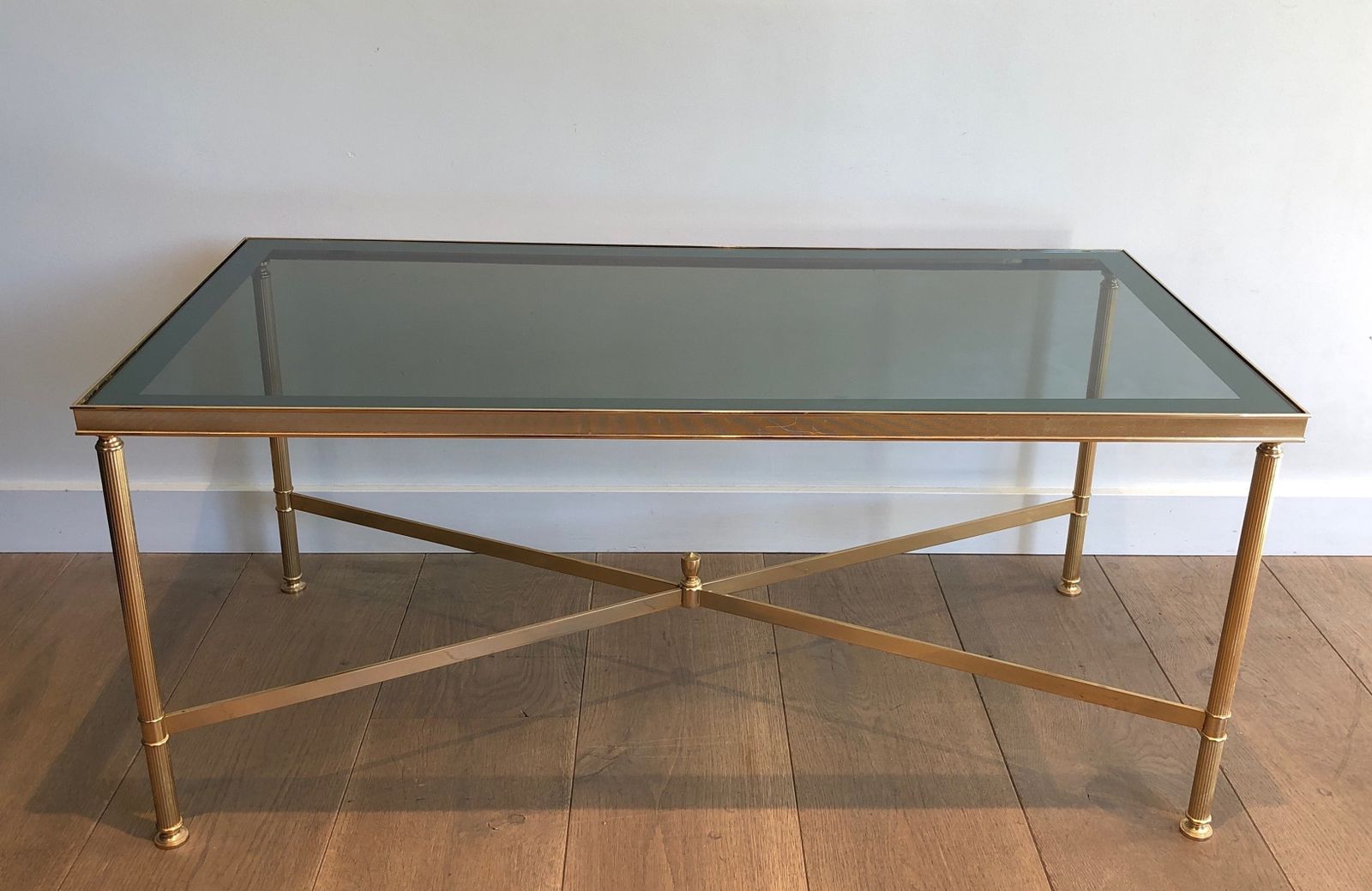 Neoclassical Style Coffee Table In Gold Metal With Blue Glass Top