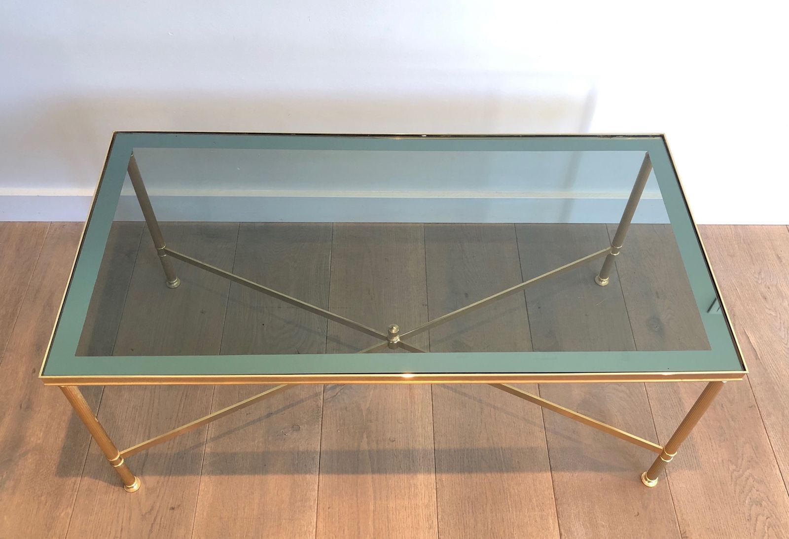 Neoclassical Style Coffee Table In Gold Metal With Blue Glass Top photo furniture