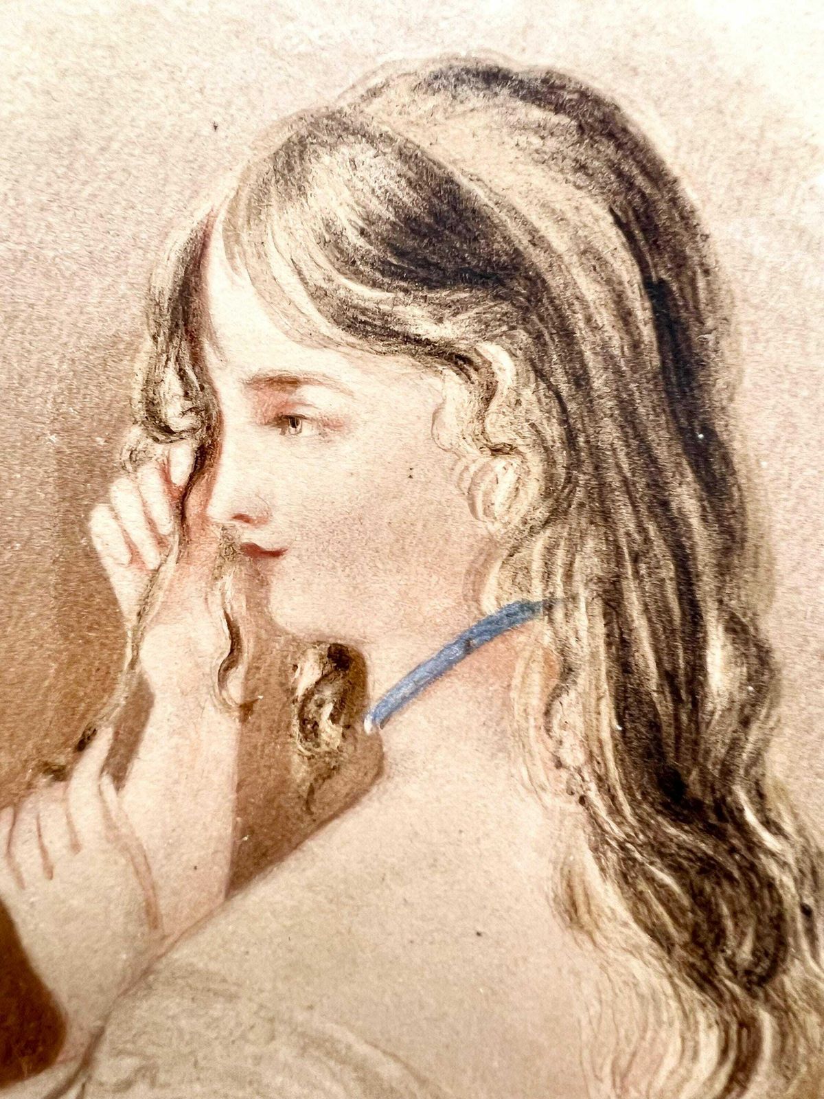 Antique Original Watercolored Pencil Drawing Showing A Victorian Woman   In An Oval View Mount Framed And Glazed photo for sale