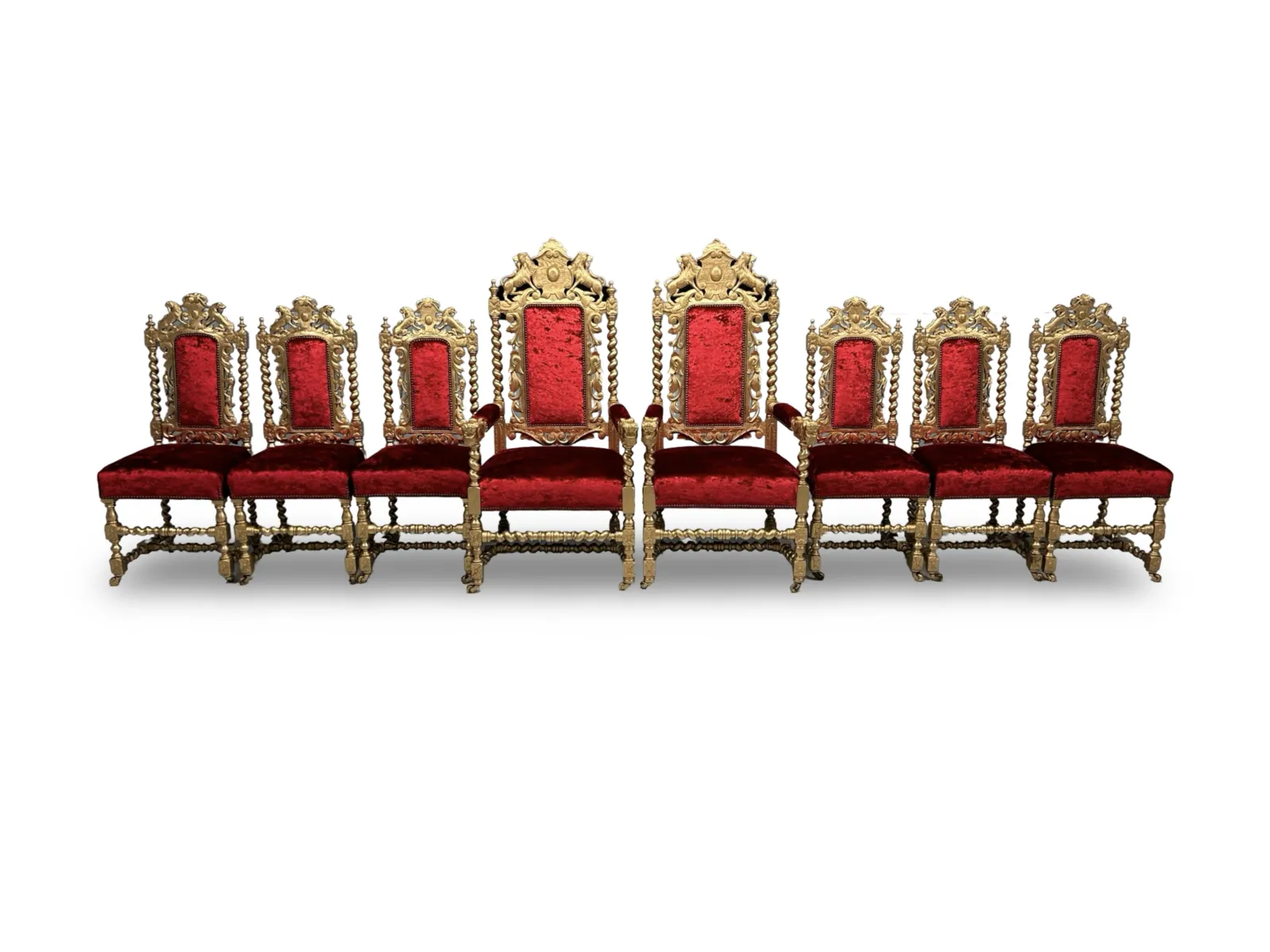 Amazing Beautiful Rare Set Of 8 Antique Victorian Gold & Red Velvet Royal Palace Charles II Style Oak Grand Dining Chairs photo 3999.0
