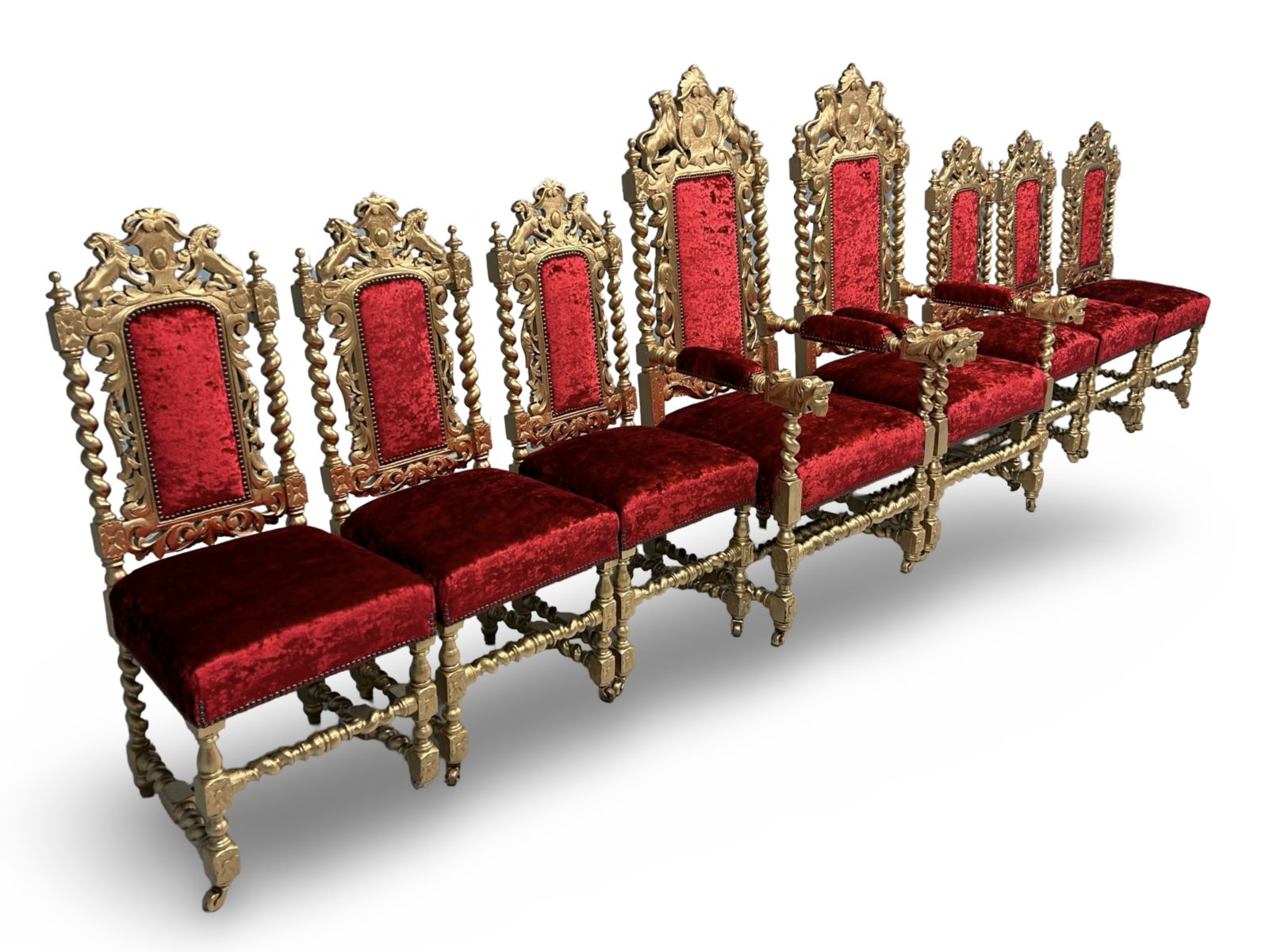 Amazing Beautiful Rare Set Of 8 Antique Victorian Gold & Red Velvet Royal Palace Charles II Style Oak Grand Dining Chairs photo buy
