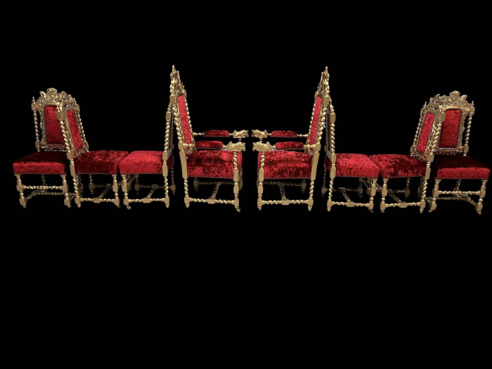 Amazing Beautiful Rare Set Of 8 Antique Victorian Gold & Red Velvet Royal Palace Charles II Style Oak Grand Dining Chairs photo vintage
