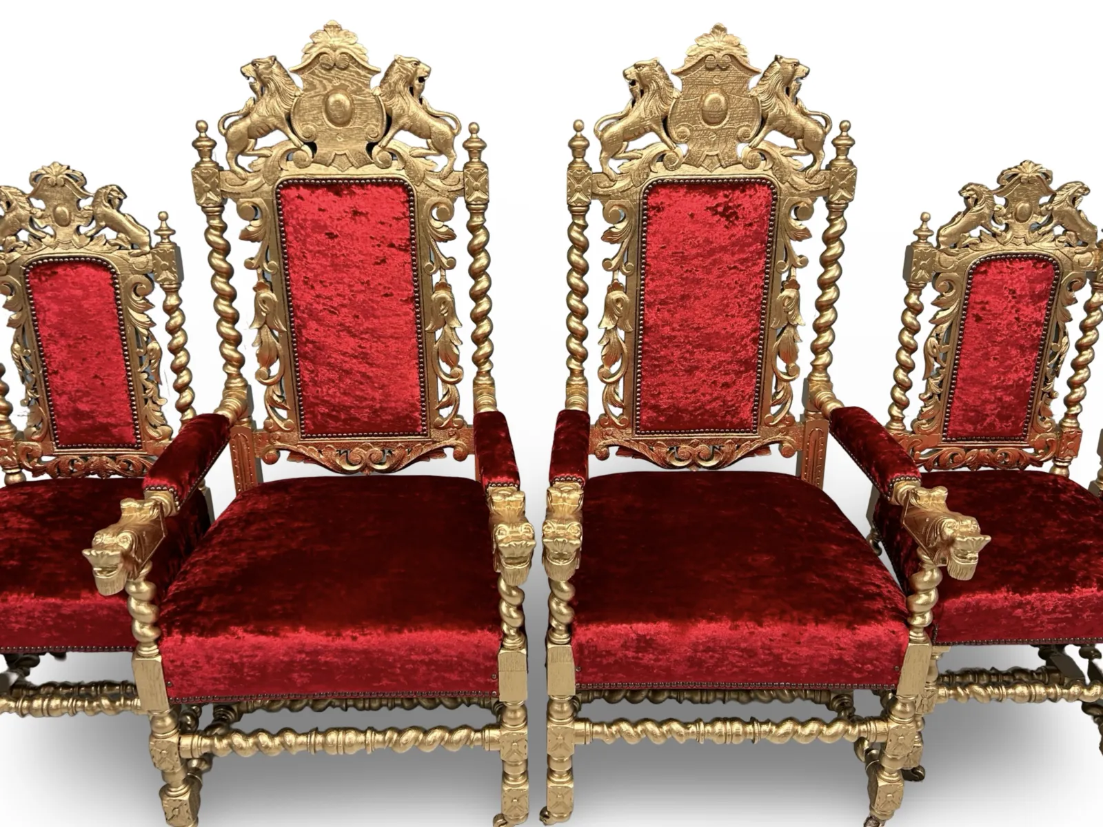 photo for sale Amazing Beautiful Rare Set Of 8 Antique Victorian Gold & Red Velvet Royal Palace Charles II Style Oak Grand Dining Chairs