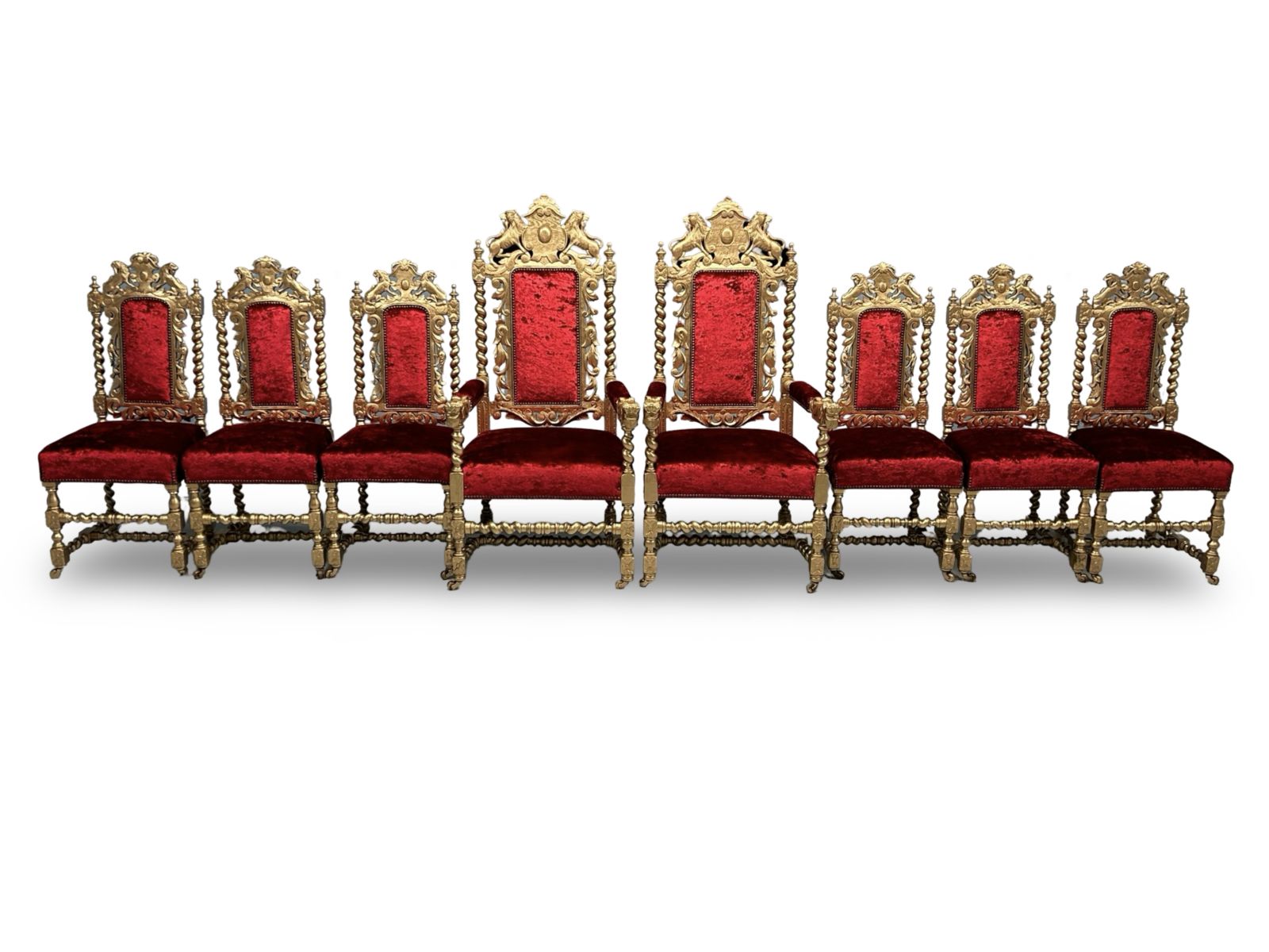 Furniture Amazing Beautiful Rare Set Of 8 Antique Victorian Gold & Red Velvet Royal Palace Charles II Style Oak Grand Dining Chairs photo