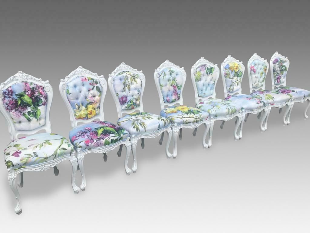 8 Elite Art Deco Exclusive Designers Guild Caprifoglio Grande And Sky Fabric & Moonstone Colour Dining Chairs Professionally Hand Finished