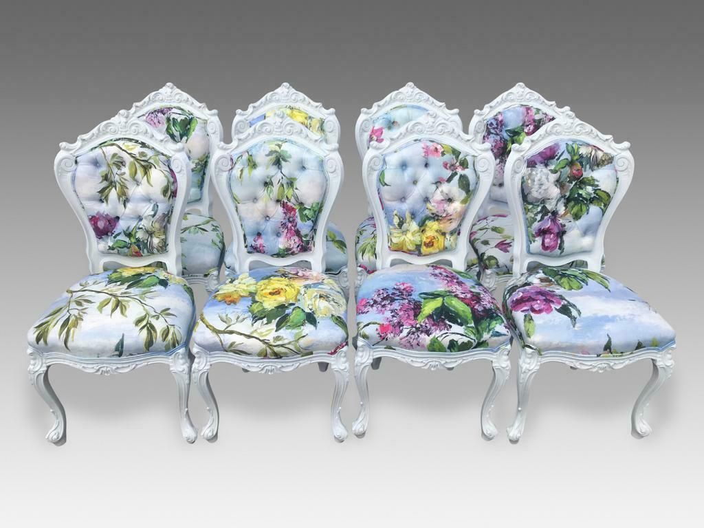 8 Elite Art Deco Exclusive Designers Guild Caprifoglio Grande And Sky Fabric & Moonstone Colour Dining Chairs Professionally Hand Finished photo vintage