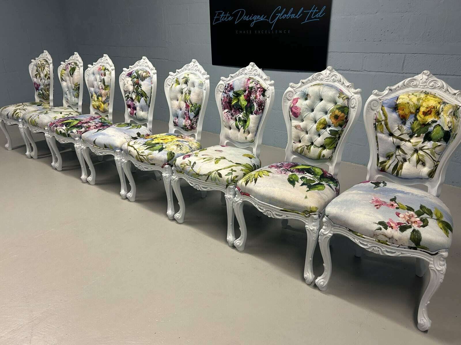 photo for sale 8 Elite Art Deco Exclusive Designers Guild Caprifoglio Grande And Sky Fabric & Moonstone Colour Dining Chairs Professionally Hand Finished