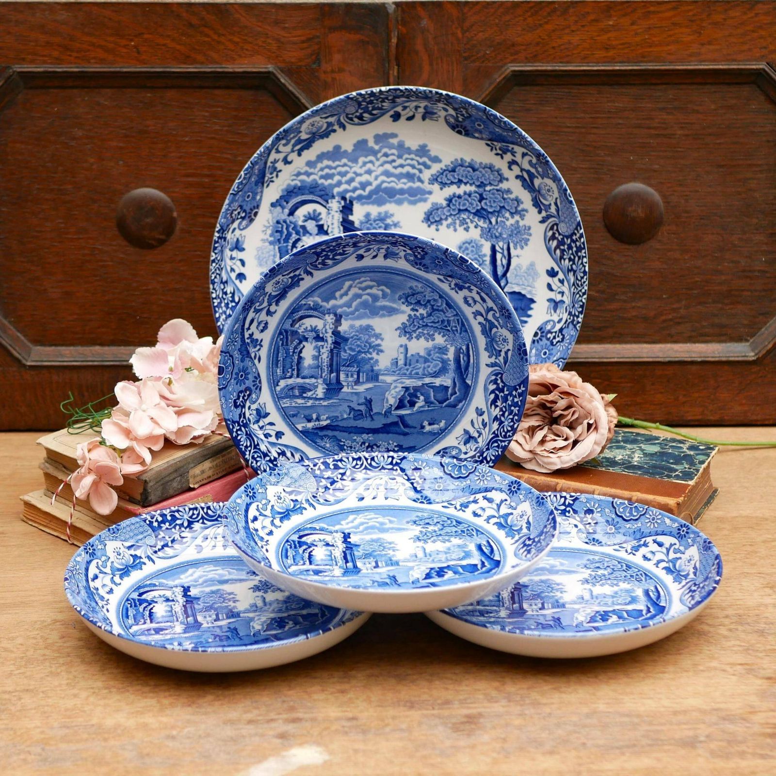 Spode Italian Design Pasta/Dessert/Salad/Soup Bowls With Matching Large Serving Bowl Blue And White English Earthenware Crockery