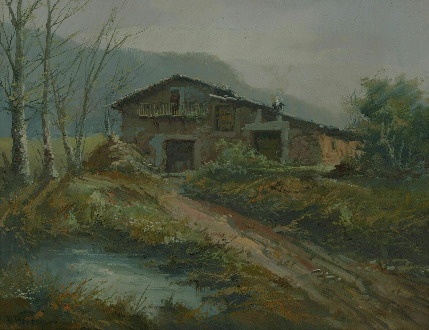 P. Berenguer   Framed Mid 20th Century Oil, The Stone Cabin photo furniture