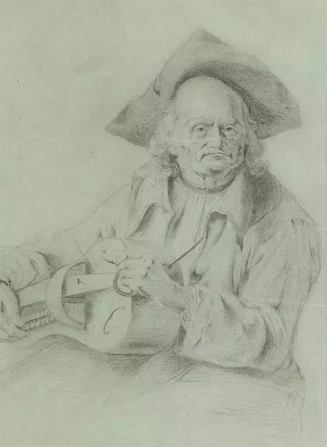 Framed Mid 19th Century Graphite Drawing   Old Man With An Organ photo for sale