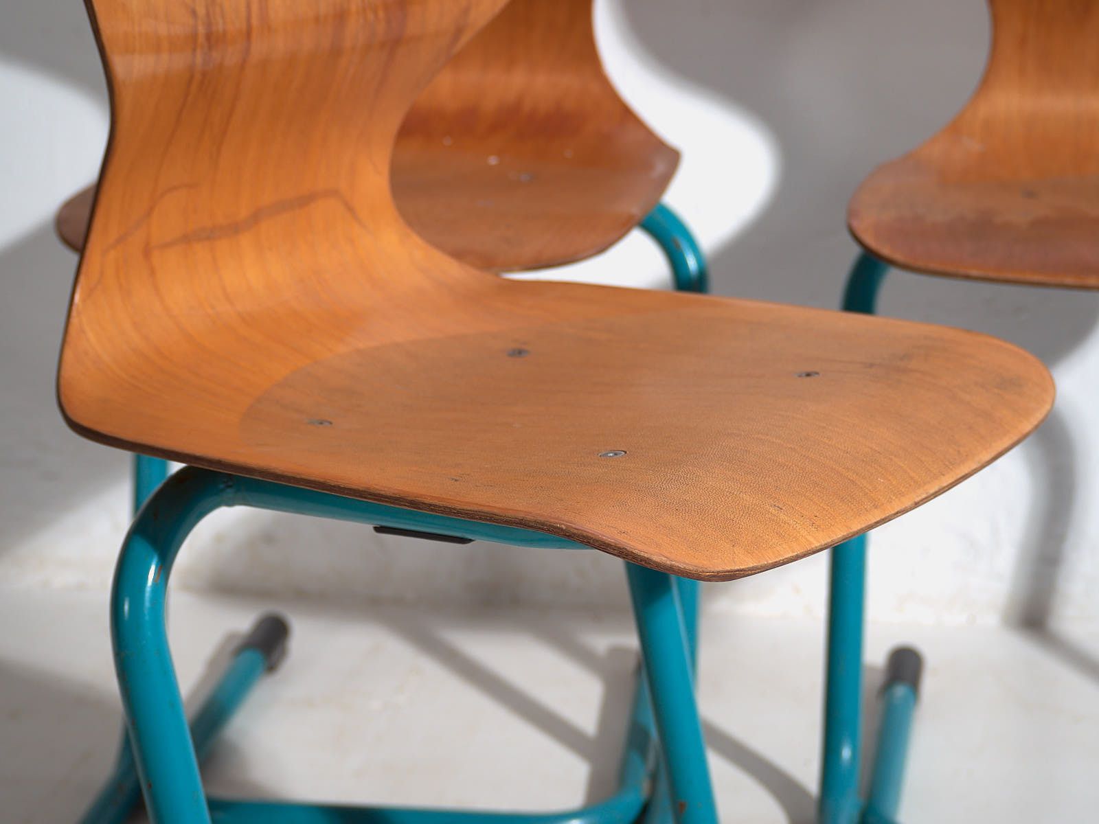 Vintage Turquoise Blue School Chairs (C.1950). Set Of 4 Pieces photo for sale