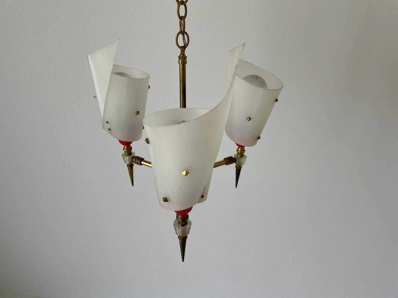 Torch Design Plexiglass And Brass 3 Arm Pendant Lamp By Pierre Guariche, 1950s, France photo Lighting