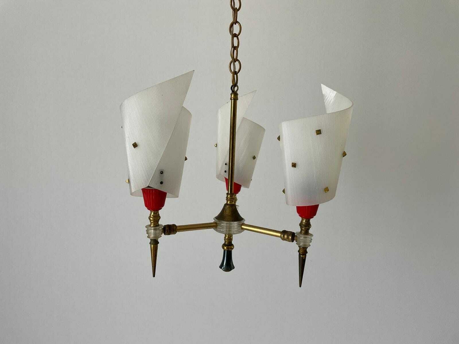 Torch Design Plexiglass And Brass 3 Arm Pendant Lamp By Pierre Guariche, 1950s, France photo vintage