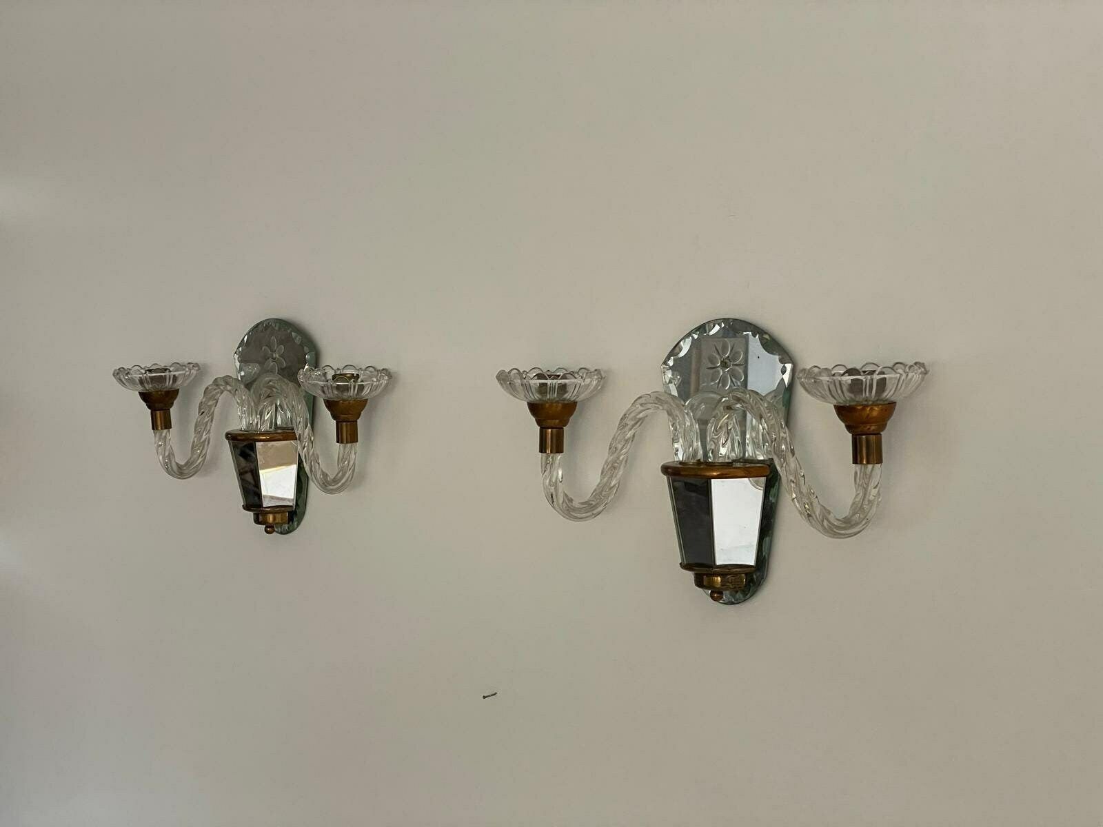 Art Deco 2 Arm Glass & Brass Pair Of Sconces With Fabric Shades, 1940s, France photo furniture