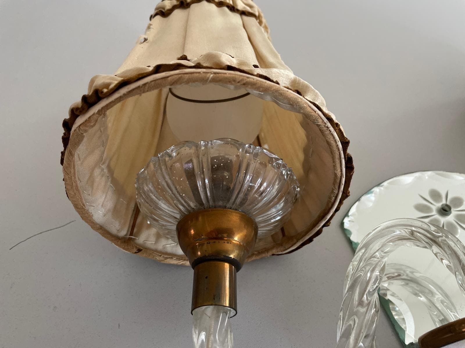 photo furniture Art Deco 2 Arm Glass & Brass Pair Of Sconces With Fabric Shades, 1940s, France