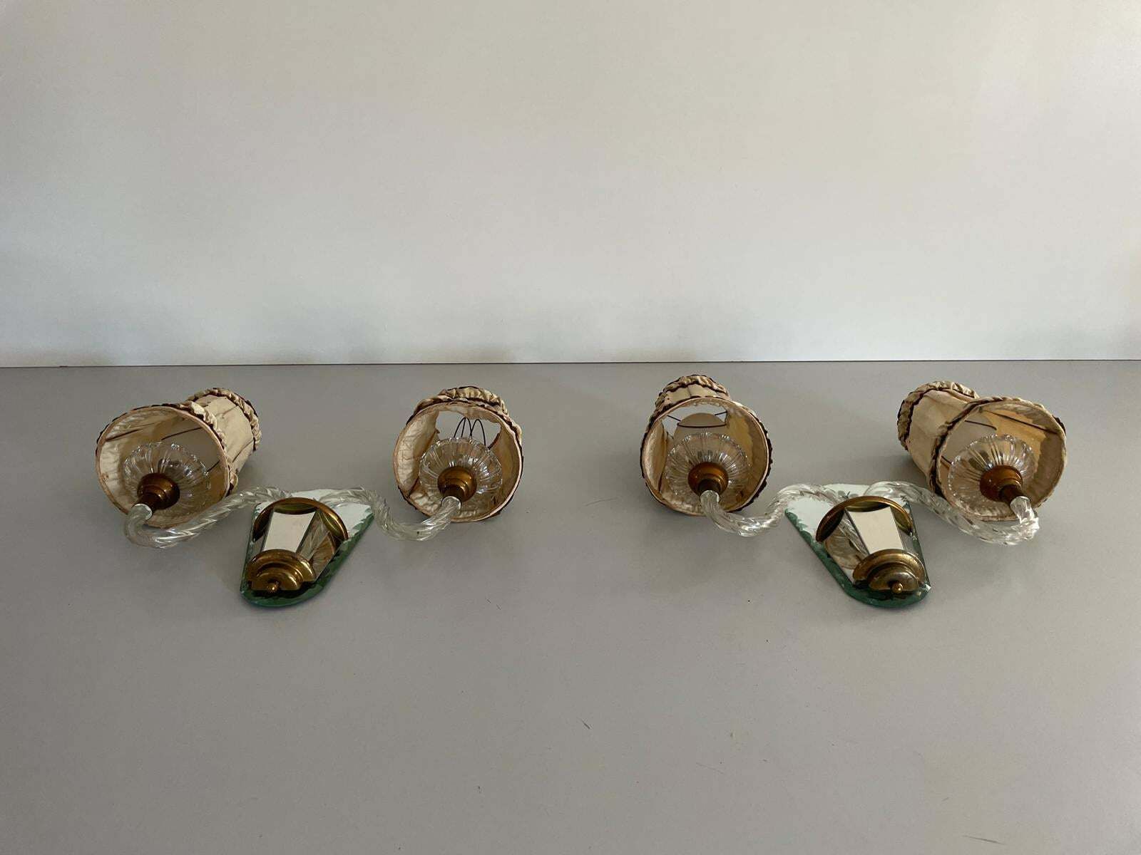 photo for sale Art Deco 2 Arm Glass & Brass Pair Of Sconces With Fabric Shades, 1940s, France