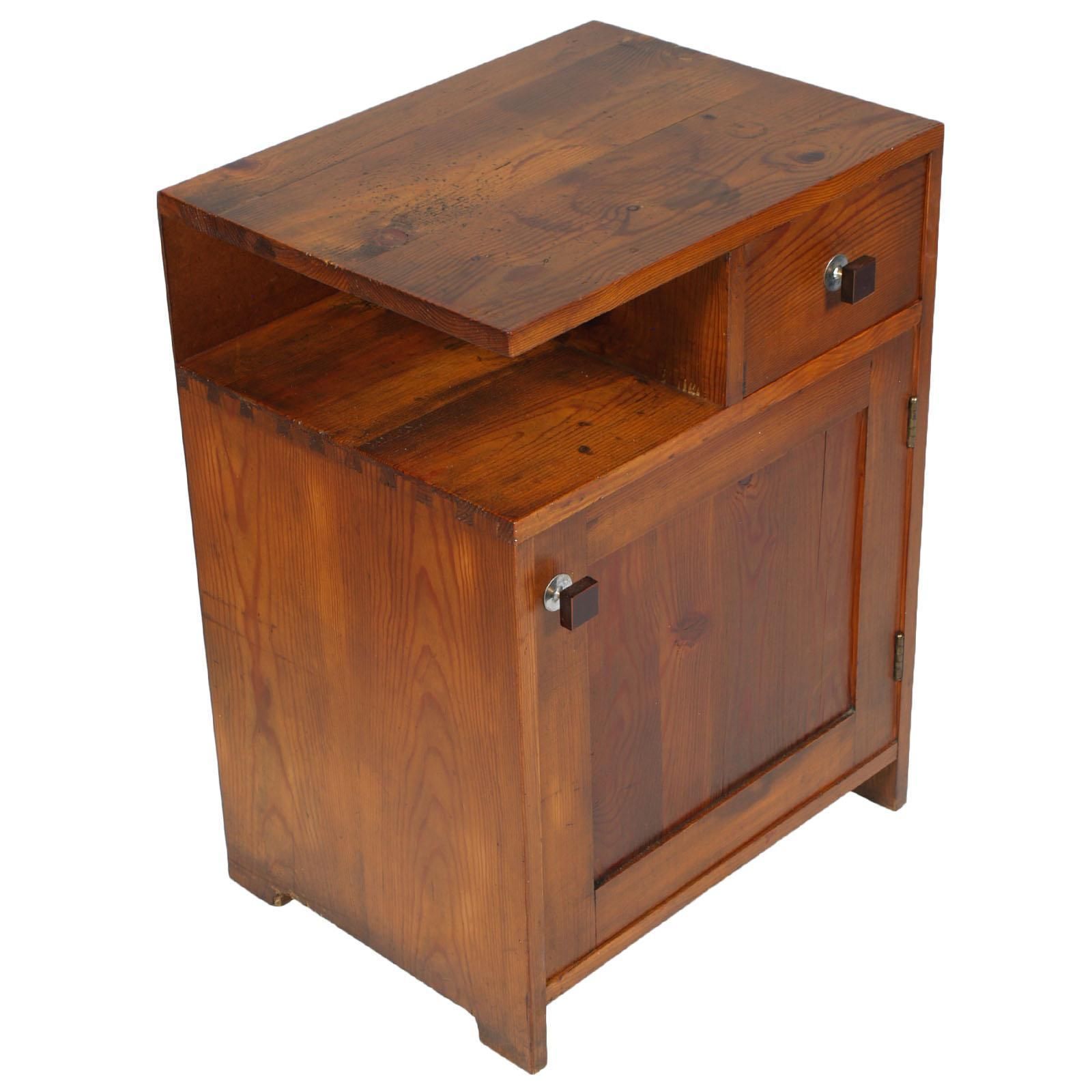 Country Nightstand Art Deco Bedside Table In Solid Larch, Restored Wax Polished
