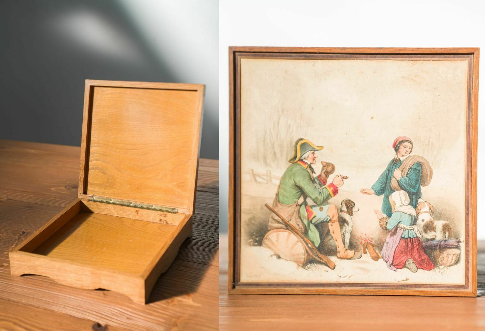 Vintage 1950s 1960s Wooden Cigar Box With Hand Painted Scene   Mid Century photo Home Decor