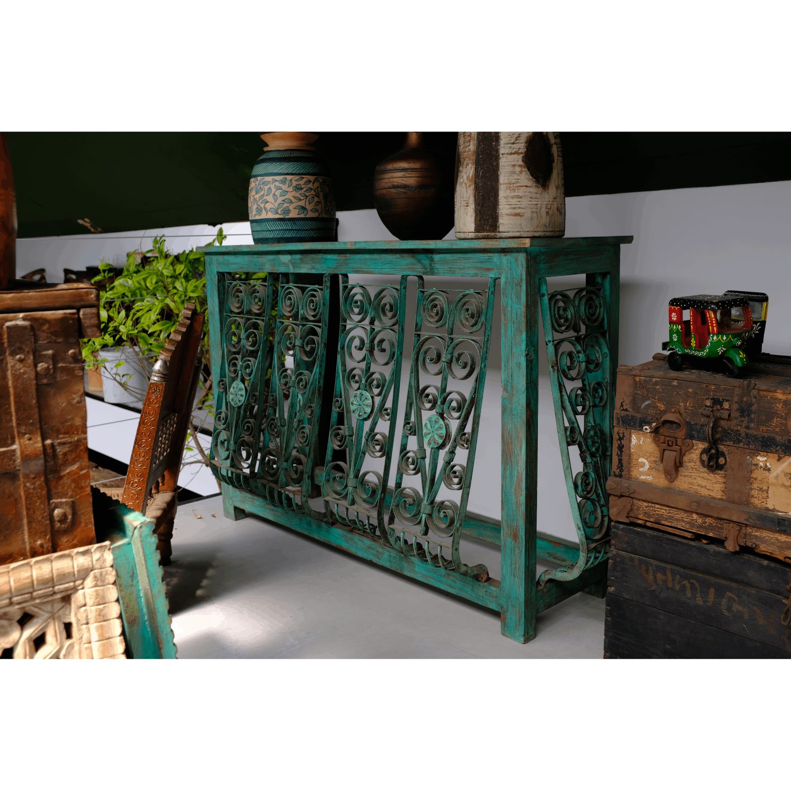 Beautiful Design Vintage Hallway Console – Handcrafted Solid Mango Wood With Reclaimed Indian Grills, Entryway Furniture From Late 1900s photo furniture