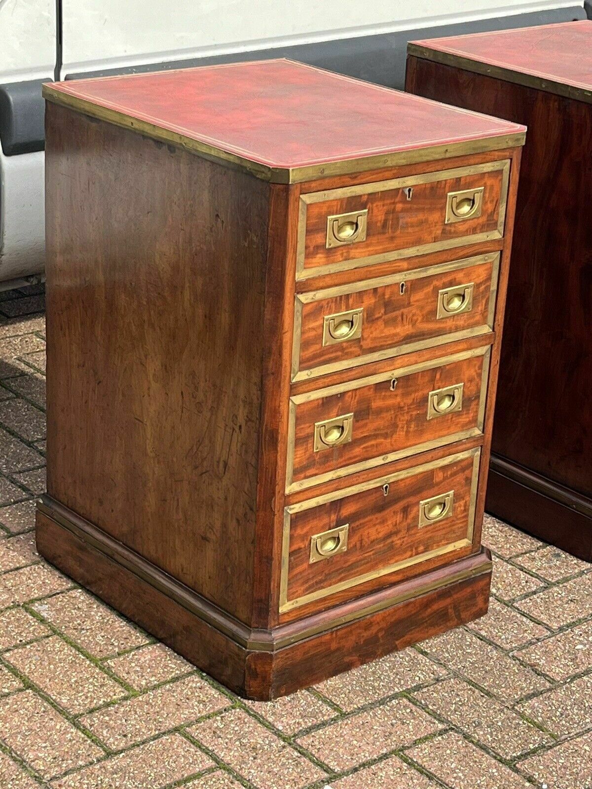 photo vintage Antique Pair Of Bedside Drawers. Mahogany With Brass Bound Decoration