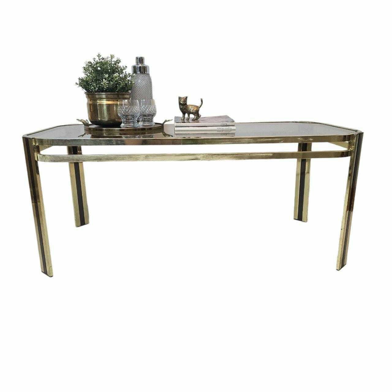 Vintage Mid Century Modern Brass And Smoky Glass Table Made In Italy