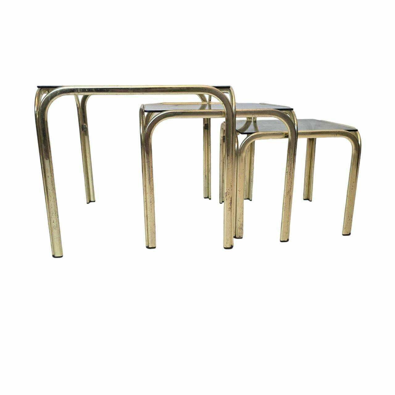 Vintage Mid Century Modern Brass And Smoky Glass Nesting Table Set Of 3 Made In Italy photo buy