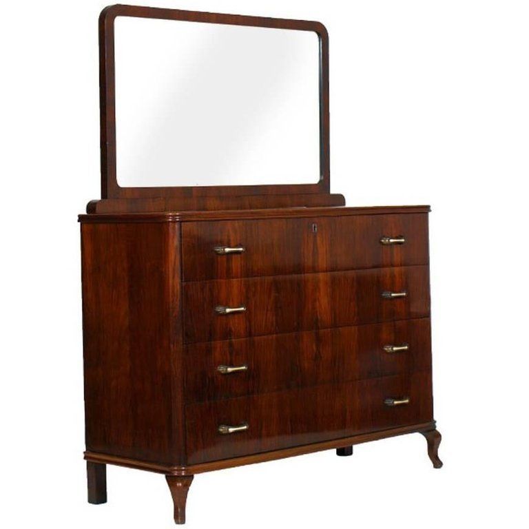 1930s Art Deco Mirrored Dresser, Commode In Walnut Restored And Polished To Wax