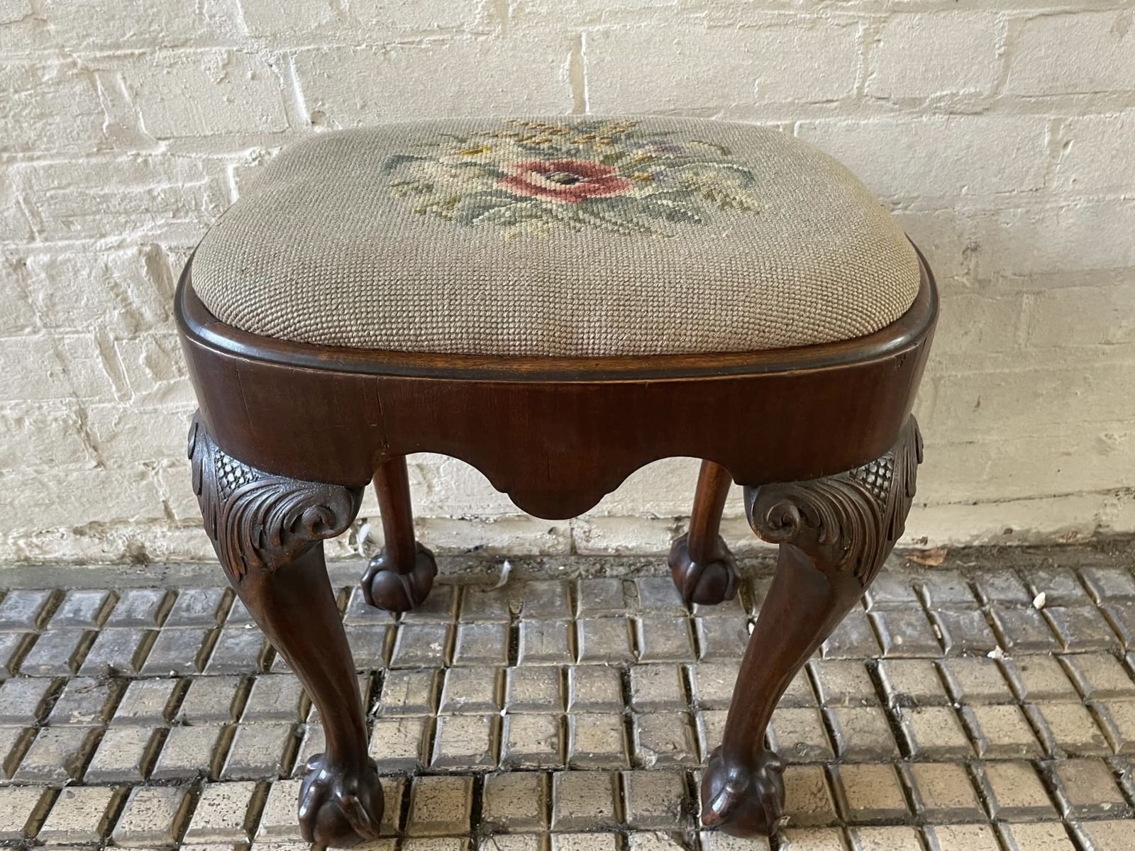 photo buy Antique George II Style Walnut Stool With Needlework Seat And Eagle Claw And Ball Feet