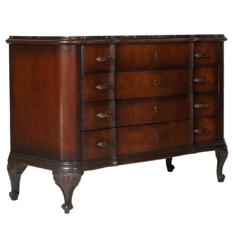 1910s Venetian Baroque Commode, Hand Carved Walnut And Veneer Mahogany, Restored