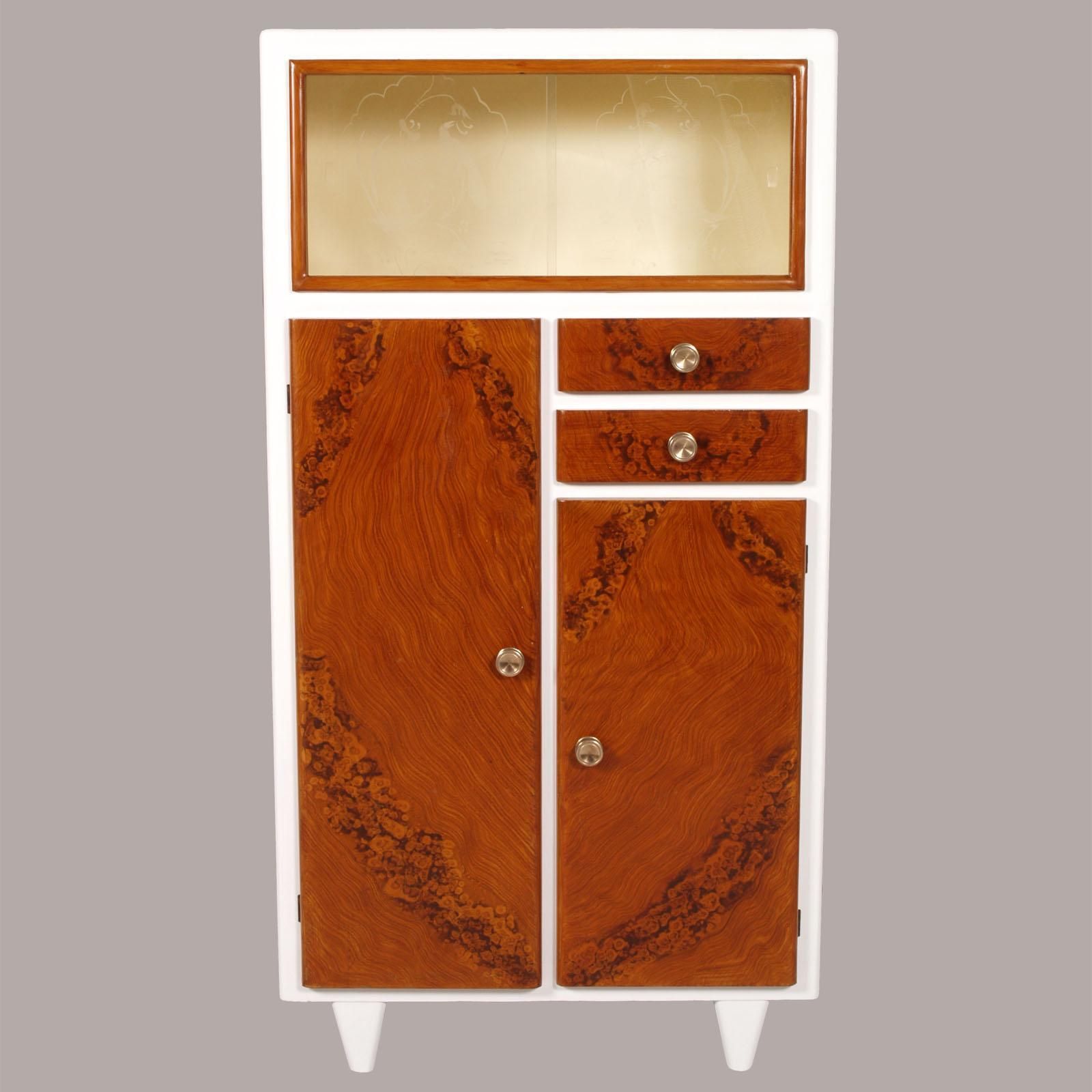 Furniture Art Deco Midcentury Credenza Display Cabinet White Lacquered Hand Decorated Wood photo