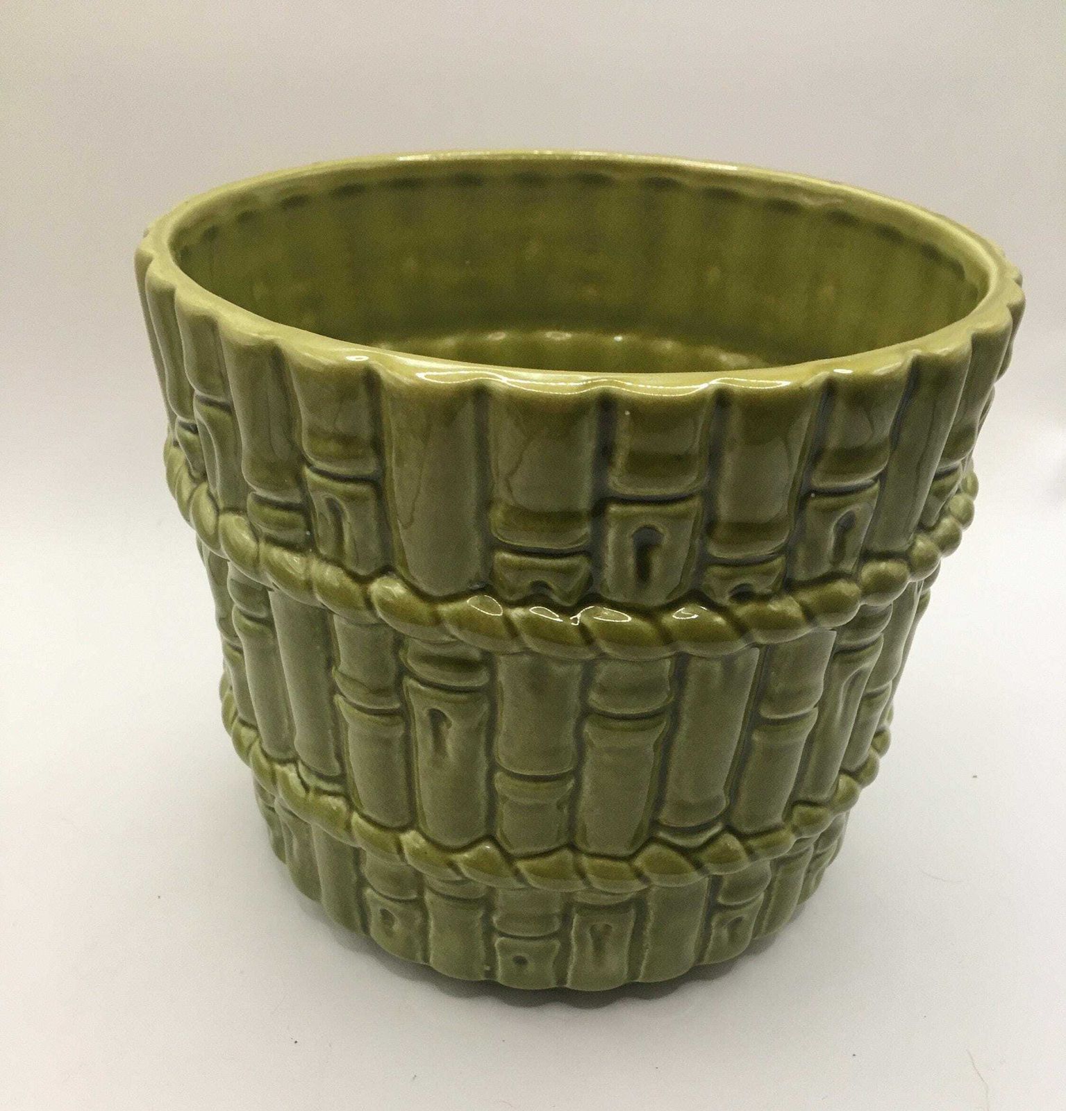 Sage Green Plant Pot. Rare 1980's Casa Pupo Bamboo Patterned Planter. Green Glaze Ceramic Bamboo Relief Design. Great Vintage Condition.