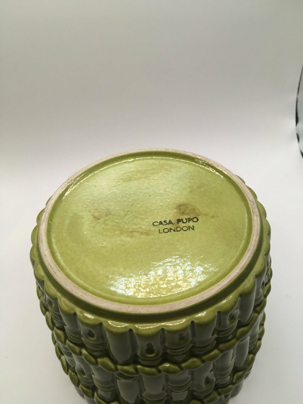 Sage Green Plant Pot. Rare 1980's Casa Pupo Bamboo Patterned Planter. Green Glaze Ceramic Bamboo Relief Design. Great Vintage Condition. photo for sale